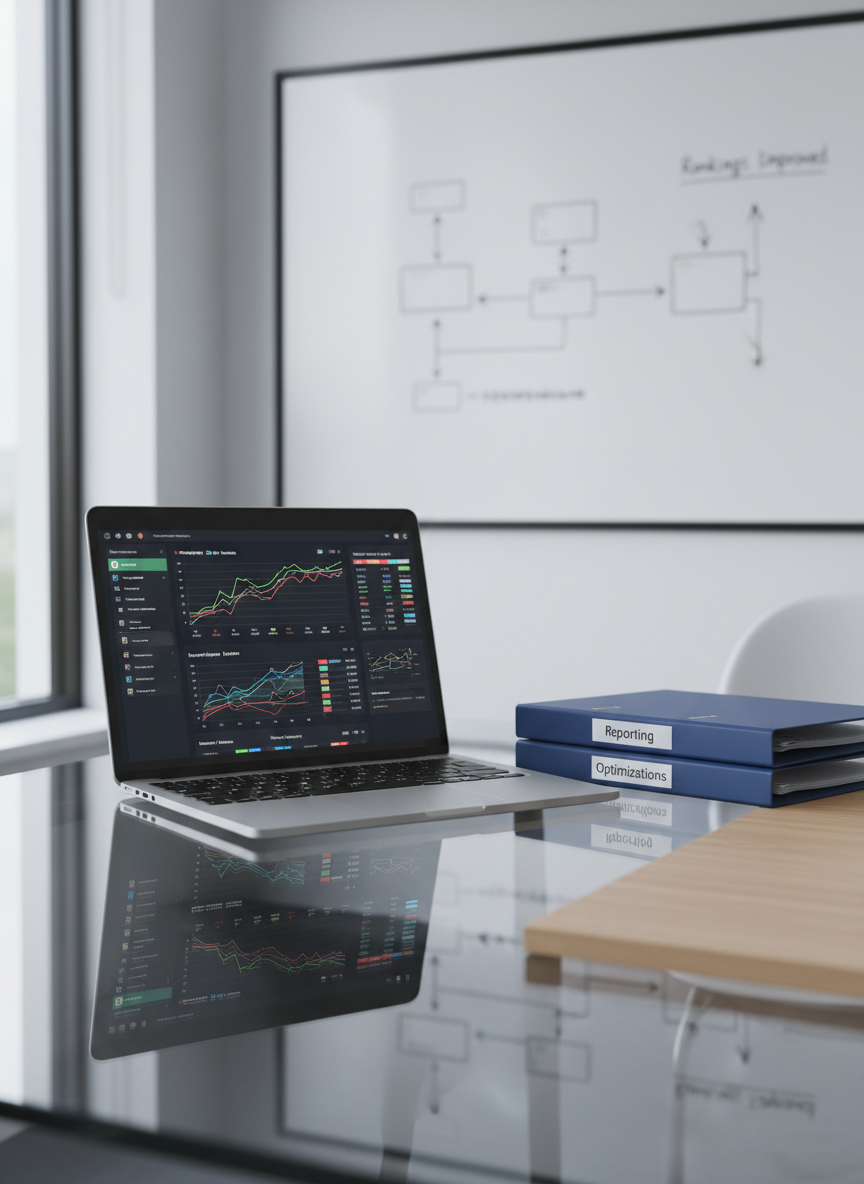 A sleek, modern glass desk displaying an open silver laptop with a detailed SEO analytics dashboard on screen, colorful line graphs and keyword charts glowing crisply. Beside it, an organized spread of neatly stacked brand-blue folders labeled “Reporting” and “Optimizations” rests on a pale oak surface. In the background, a large, wall-mounted whiteboard shows a clearly sketched website sitemap and arrows indicating improved rankings, softly blurred. Cool daylight from a nearby window casts diffused, natural light across the scene, creating gentle reflections on the laptop and desk. Photographic realism, shot at eye level with a shallow depth of field, clean and professional mood, emphasizing clarity, organization, and strategic thinking for digital SEO consulting.