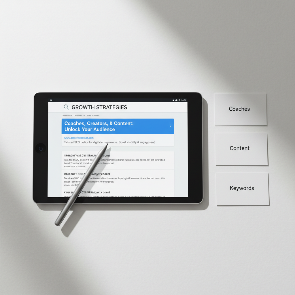 A minimalist flat-lay of a dark graphite tablet showing a website search results page, with one listing highlighted in bold blue as the top organic result, subtle snippets and meta descriptions clearly legible. Surrounding the tablet on a matte white surface are neatly aligned index cards reading “Coaches,” “Creators,” “Content,” and “Keywords,” each in precise black lettering. A slim, brushed-metal pen lies diagonally, pointing toward the highlighted result. Soft overcast window light from the left creates a calm, evenly lit scene with delicate shadows. Photographic realism, high-resolution, with a top-down composition and generous negative space, evoking a professional, analytical, and focused atmosphere that represents successful SEO visibility.